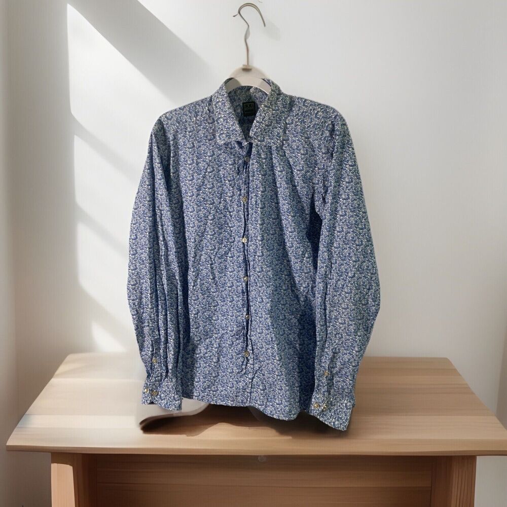 IKE BEHAR white blue floral long sleeve cotton button up shirt L